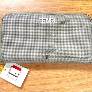1163 Fendi Silver Canvas Zipper Around Wallet